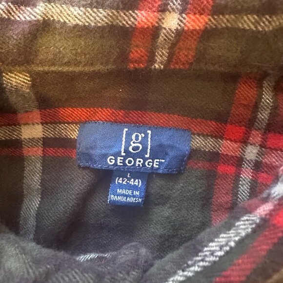 George Casual Button Down Mens Large Green & Red Plaid Rugged Flannel Shirt - Picture 2 of 5